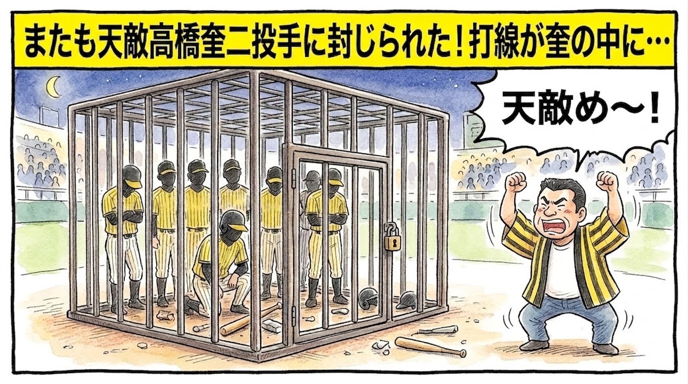 黄色の極太バナーに「またも天敵高橋奎二投手に封じられた！打線が奎の中に…」と書かれた、天敵・高橋奎二投手に抑えられた悔しさを表現したブラックジョーク寄りな一コマ漫画のアイキャッチ画像。巨大な「奎」の字を模した鉄格子の檻の中に、しょんぼりした阪神タイガースの選手たちが閉じ込められており、檻の外で虎党のお父ちゃんが「天敵め〜！」と地団駄を踏んでいる。温かみのある手書きイラスト。アスペクト比 16:9。