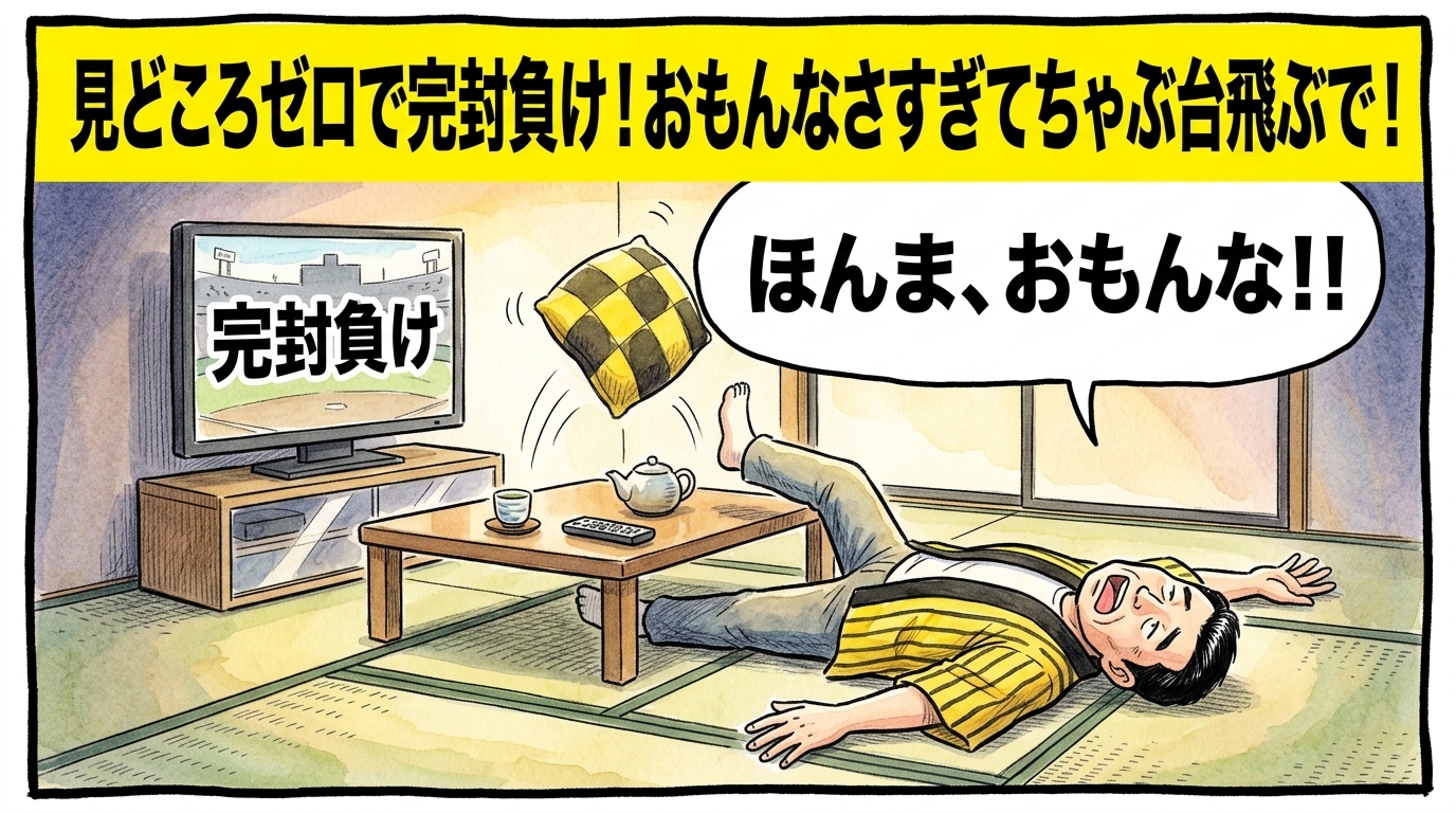 画面最上部の黄色い極太バナーに「見どころゼロで完封負け！おもんなさすぎてちゃぶ台飛ぶで！」と大きく書かれた、テレビ画面に映る「完封負け」の文字に向かって畳の上に大の字で寝転がり、足先で黄色と黒の座布団をポーンとコミカルに蹴り上げて脱力する法被姿のお父ちゃんを描いた一コマ漫画アイキャッチ画像。引きの構図。16:9。