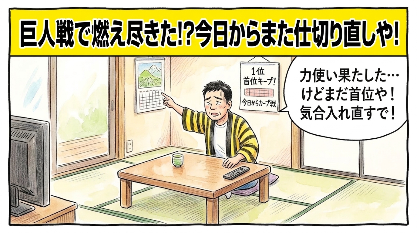 画面最上部に黄色の太いバナーで「巨人戦で燃え尽きた！？今日からまた仕切り直しや！」と大きく書かれた、東京ドーム3連勝の反動で灰のように椅子で脱力しながらも「力使い果たした…けどまだ首位や！気合入れ直すで！」と自分に言い聞かせる人物（お父ちゃん）を描いた関西お笑い風の一コマ漫画アイキャッチ画像。引きの構図。16:9。