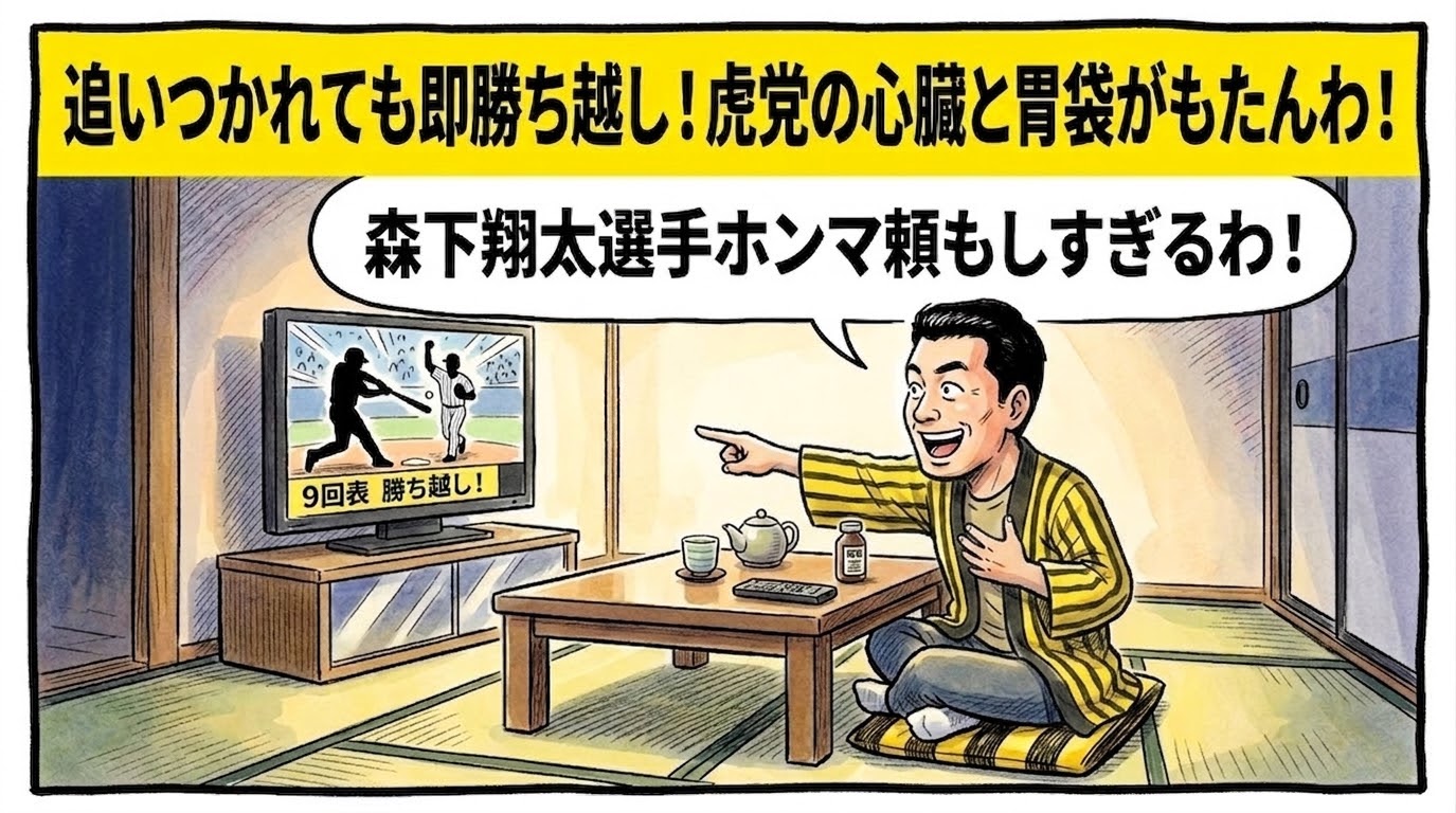 画面最上部の黄色い極太バナーに「追いつかれても即勝ち越し！虎党の心臓と胃袋がもたんわ！」と大きく書かれた、同点に追いつかれた直後の9回表に森下翔太選手の勝ち越し打が飛び出し、胸を押さえていた状態から一転して満面の笑みでテレビ画面を指差す黄色と黒の法被姿のお父ちゃんを描いた一コマ漫画アイキャッチ画像。引きの構図。16:9。