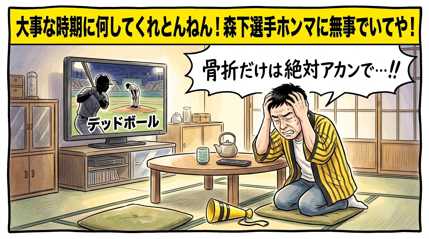 画面最上部の黄色い極太バナーに「大事な時期に何してくれとんねん！森下選手ホンマに無事でいてや！」と大きく書かれた、テレビ画面に映る「デッドボール」の表示を見て畳の上で膝から崩れ落ち、頭を抱えて怒りと心配が入り交じった表情で画面を凝視する黄色と黒の法被姿のお父ちゃんを描いた一コマ漫画アイキャッチ画像。引きの構図。16:9。