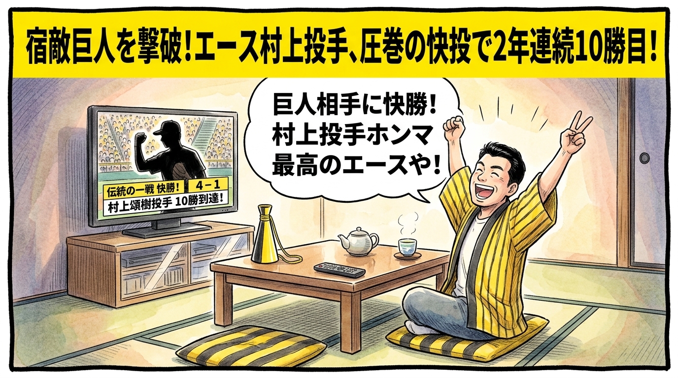 画面最上部の黄色い極太バナーに「宿敵巨人を撃破！エース村上投手、圧巻の快投で2年連続10勝目！」と大きく書かれた、テレビ画面に映る伝統の一戦での快勝スコアとガッツポーズを決める村上頌樹投手の姿を見つめ、茶の間で立ち上がり両手を高々と挙げて万歳歓喜する黄色と黒の法被姿のお父ちゃんを描いた一コマ漫画アイキャッチ画像。引きの構図。16:9。