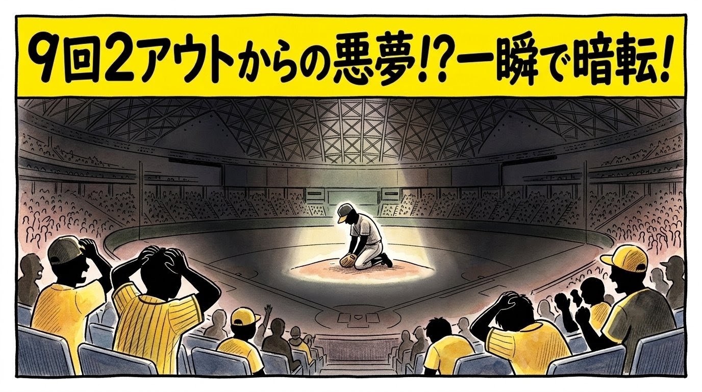 画面最上部に黄色の太いバナーで「9回2アウトからの悪夢！？一瞬で暗転！」と大きく書かれた、スポットライト以外が真っ暗になったドーム球場のマウンド上でガックリと膝をつく投手のシルエットと、頭を抱えて撃沈する黄色と黒のファンを描いた一コマ漫画風アイキャッチ画像。引きの構図。16:9。