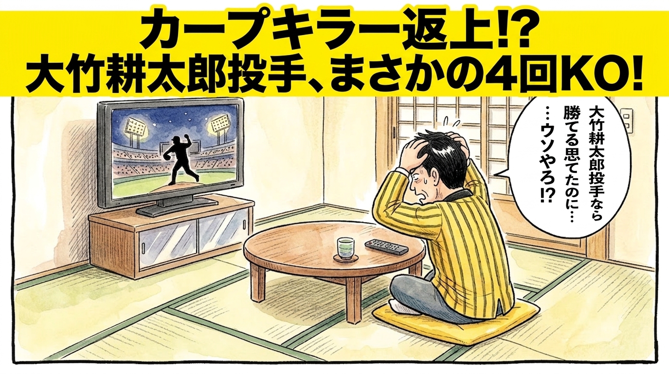 画面最上部に黄色の太いバナーで「カープキラー返上！？大竹耕太郎投手、まさかの4回KO！」と大きく書かれた、テレビの前で「ウソやろ…！？」と頭を抱えて大きくのけぞる人物（お父ちゃん）を描いた関西お笑い風の一コマ漫画アイキャッチ画像。引きの構図。16:9。