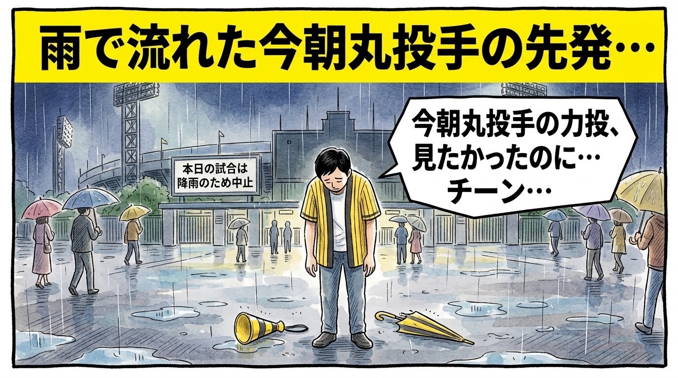 画面最上部に黄色の太いバナーで「雨で流れた今朝丸投手の先発…」と大きく書かれた、雨天中止が決まった球場前の雨の中で、がっくりと肩を落とし、残量ゼロのモバイルバッテリーのように完全に動かなくなって固まる黄色と黒の法被姿の人物（お父ちゃん）を描いたブラックジョーク寄りな一コマ漫画アイキャッチ画像。引きの構図。16:9。