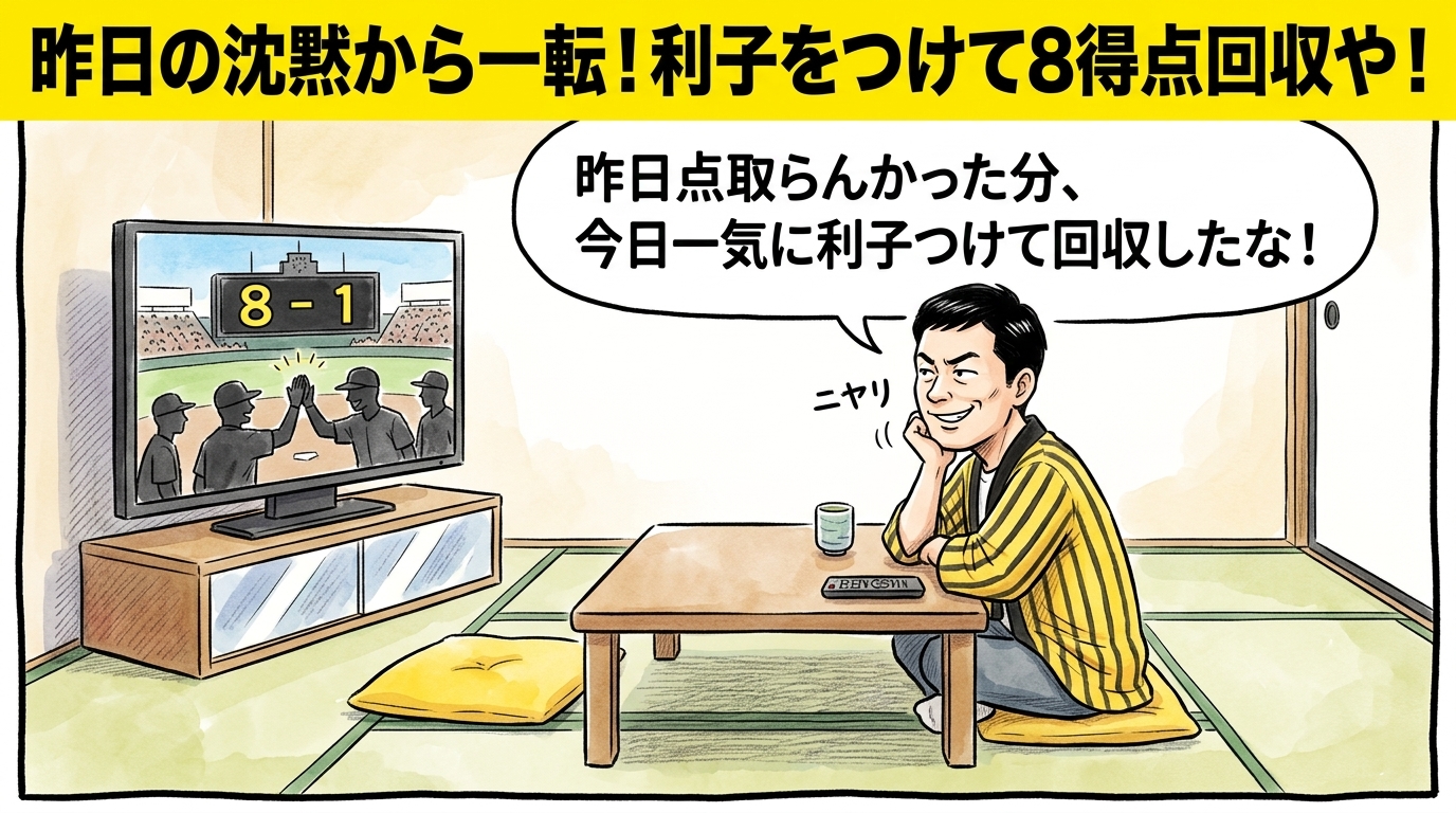 画面最上部に黄色の太いバナーで「昨日の沈黙から一転！利子をつけて8得点回収や！」と大きく書かれた、テレビに映る8-1の大勝スコアを見ながら茶の間でニヤリと不敵に笑い「昨日点取らんかった分、今日一気に利子つけて回収したな！」と呟く人物（お父ちゃん）を描いたブラックジョーク風の一コマ漫画アイキャッチ画像。引きの構図。16:9。