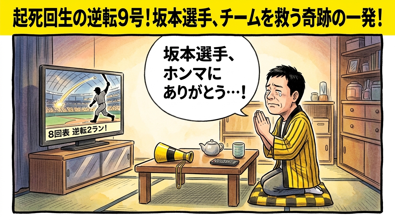 画面最上部の黄色い極太バナーに「起死回生の逆転9号！坂本選手、チームを救う奇跡の一発！」と大きく書かれた、テレビ画面に映る坂本誠志郎選手の劇的な逆転本塁打の瞬間を見つめ、茶の間で思わず立ち上がり拝むように両手を合わせて涙ぐむ黄色と黒の法被姿のお父ちゃんを描いた一コマ漫画アイキャッチ画像。引きの構図。16:9。