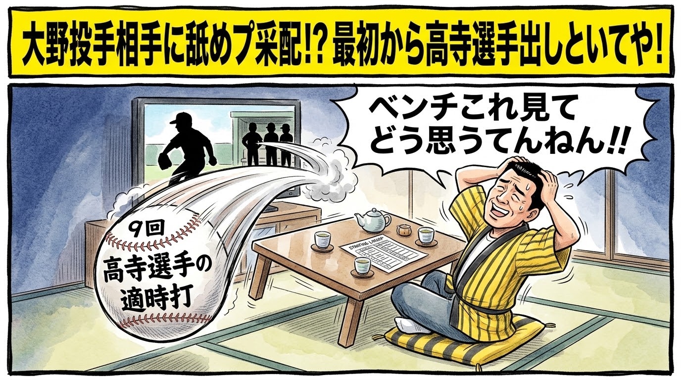 画面最上部の黄色い極太バナーに「大野投手相手に舐めプ采配！？最初から髙寺選手出しといてや！」と大きく書かれた、テレビ画面から飛び出してきた9回の髙寺望夢選手の強烈なタイムリー打球の軌道とスコアに直撃されそうになり、茶の間で頭を抱えて派手にのけぞりながら苦笑いする黄色と黒の法被姿の人物（お父ちゃん）を描いたクスッと笑える一コマ漫画アイキャッチ画像。引きの構図。16:9。