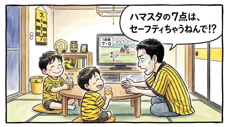 初回7点先制に「はい、おつかれちゃ〜ん」と余裕を見せる子供たちに対し、青ざめた表情で「ハマスタの7点はセーフティちゃうで!」と必死に力説するお父ちゃんの一コマ漫画。水彩と色鉛筆の手書き風イラスト。16:9。