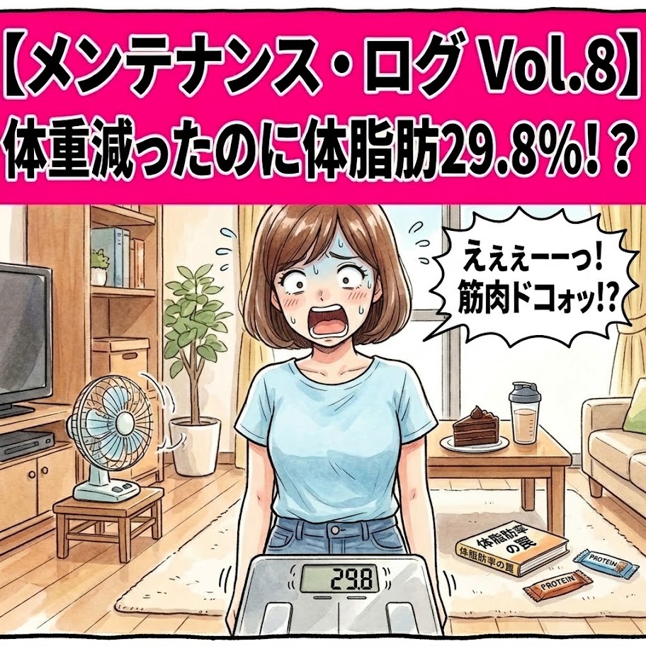 上部に鮮やかなピンクの帯で「【メンテナンス・ログ Vol.8】体重減ったのに体脂肪29.8%！？」とタイトルが入ったアイキャッチ画像。下部には、体重計の「29.8」という表示を見て「ええぇーーっ！筋肉ドコォッ!?」と青ざめてショックを受ける水色Tシャツ姿の母親が描かれたコミカルな水彩イラスト。