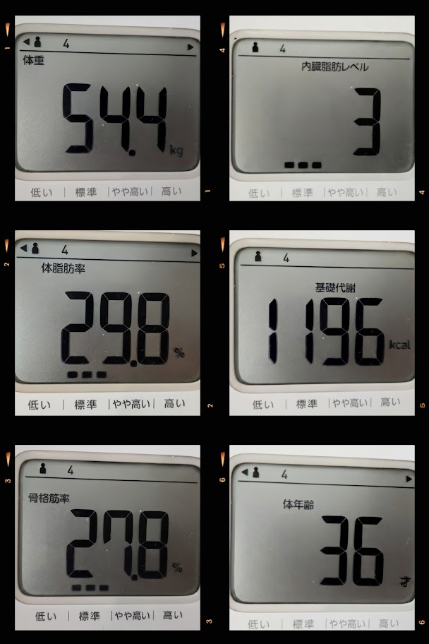 40代母ちゃんの体組成計の測定結果コラージュ画像。体重54.4kg、体脂肪率29.8%、骨格筋率27.8%、内臓脂肪レベル3、基礎代謝1196kcal、体年齢36才が表示されている。