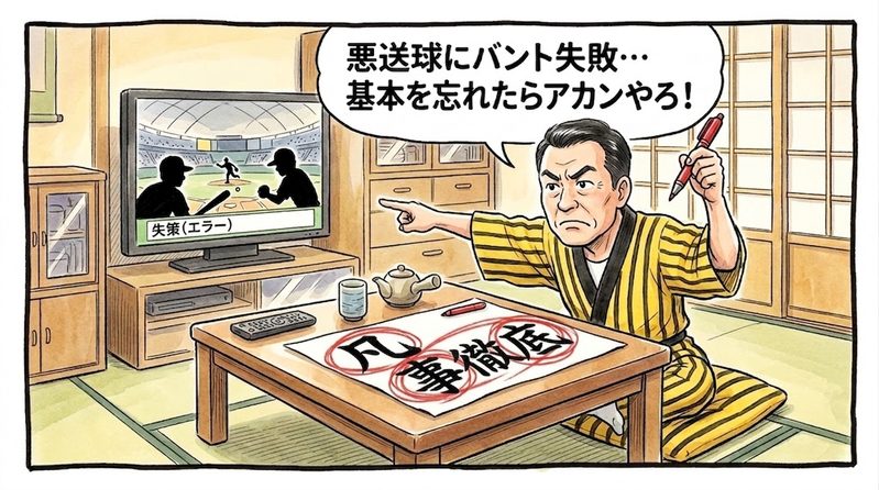 夜の茶の間で、ちゃぶ台の上に「凡事徹底」と毛筆で書かれた半紙を広げ、赤ペンを握りしめて熱血指導者のようにテレビ画面をビシッと指差しながら「悪送球にバント失敗…基本を忘れたらアカンやろ！」と熱くツッコミを入れる黄色と黒の法被姿のお父ちゃんを描いた一コマ漫画。水彩と色鉛筆の手書き風イラスト。16:9。