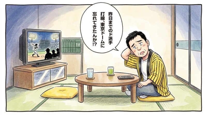 東京ドームで爆発した強力打線が嘘のように沈黙し、茶の間でテレビを見ながら「昨日までのド派手な打線、東京ドームに忘れてきたんか!?」と首を大きくかしげて不思議そうにツッコミを入れるお父ちゃんの一コマ漫画。水彩と色鉛筆の手書き風イラスト。16:9。