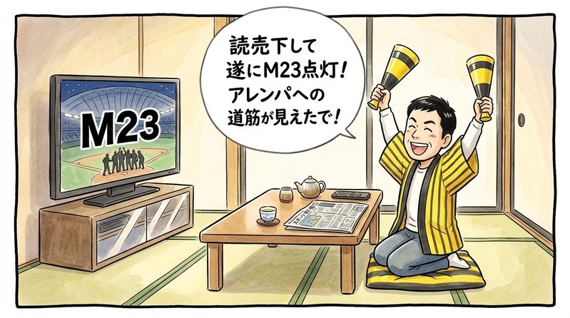 夜の茶の間で、テレビ画面に映る「M23」の文字を見つめながら、黄色と黒のメガホンを両手で天高く突き上げて「読売下して遂にＭ23点灯！アレンパへの道筋が見えたで！」と満面の笑みで歓喜の雄叫びを上げる黄色と黒の法被姿のお父ちゃんを描いた一コマ漫画。水彩と色鉛筆の手書き風イラスト。16:9。