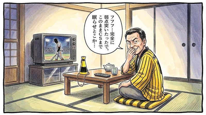 夜の茶の間で、テレビ画面に凡退してベンチへ引き下がる相手打者の姿が映る中、黄色と黒の法被を着たお父ちゃんが口元を手で隠し、「フフフ…完全に弱点突いたったで。このままCSまで眠らせとこか…」と悪代官のようにニヤリと企み笑いをしている姿を描いたシュールな一コマ漫画。水彩と色鉛筆の手書き風イラスト。16:9。