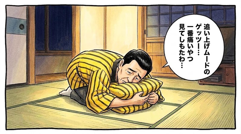 夜の茶の間で、テレビ画面に映る追い上げムードの中でのダブルプレーを見て、黄色と黒のクッションを抱えながら畳の上に前のめりに倒れ込み、「追い上げムードからのゲッツー…一番痛いやつ見てしもたわ…」と悔しがるお父ちゃんを描いた一コマ漫画。水彩と色鉛筆の手書き風イラスト。16:9。