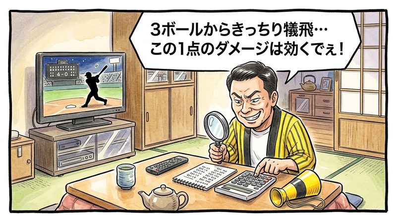 夜の茶の間で、テレビ画面の「4点目」のスコアを見つめながら、片手に電卓、もう片手に虫眼鏡を持って「3ボールからきっちり犠飛…この1点のダメージは効くでぇ!」と相手のダメージをニヤニヤ計算する黄色と黒の法被姿のお父ちゃんを描いた一コマ漫画。水彩と色鉛筆の手書き風イラスト。16:9。