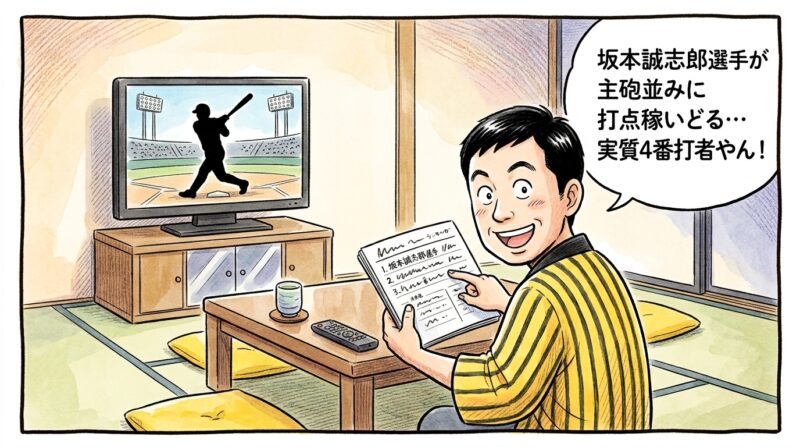 8月のチーム打点ランキング表を見つめながら、「坂本誠志郎選手が主砲並みに打点稼いどる…実質4番打者やん！」と目を丸くして嬉しそうにツッコミを入れるお父ちゃんの一コマ漫画。水彩と色鉛筆の手書き風イラスト。16:9。