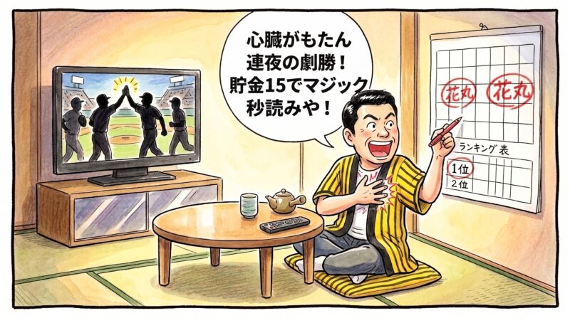 夜の茶の間で、片手でドキドキする胸元を押さえながら壁のカレンダーの順位表に赤ペンで大きな花丸をつけ、「心臓がもたん連夜の劇勝！貯金15でマジック秒読みや！」と叫ぶ黄色と黒の法被姿のお父ちゃんを描いた一コマ漫画。水彩と色鉛筆の手書き風イラスト。16:9。