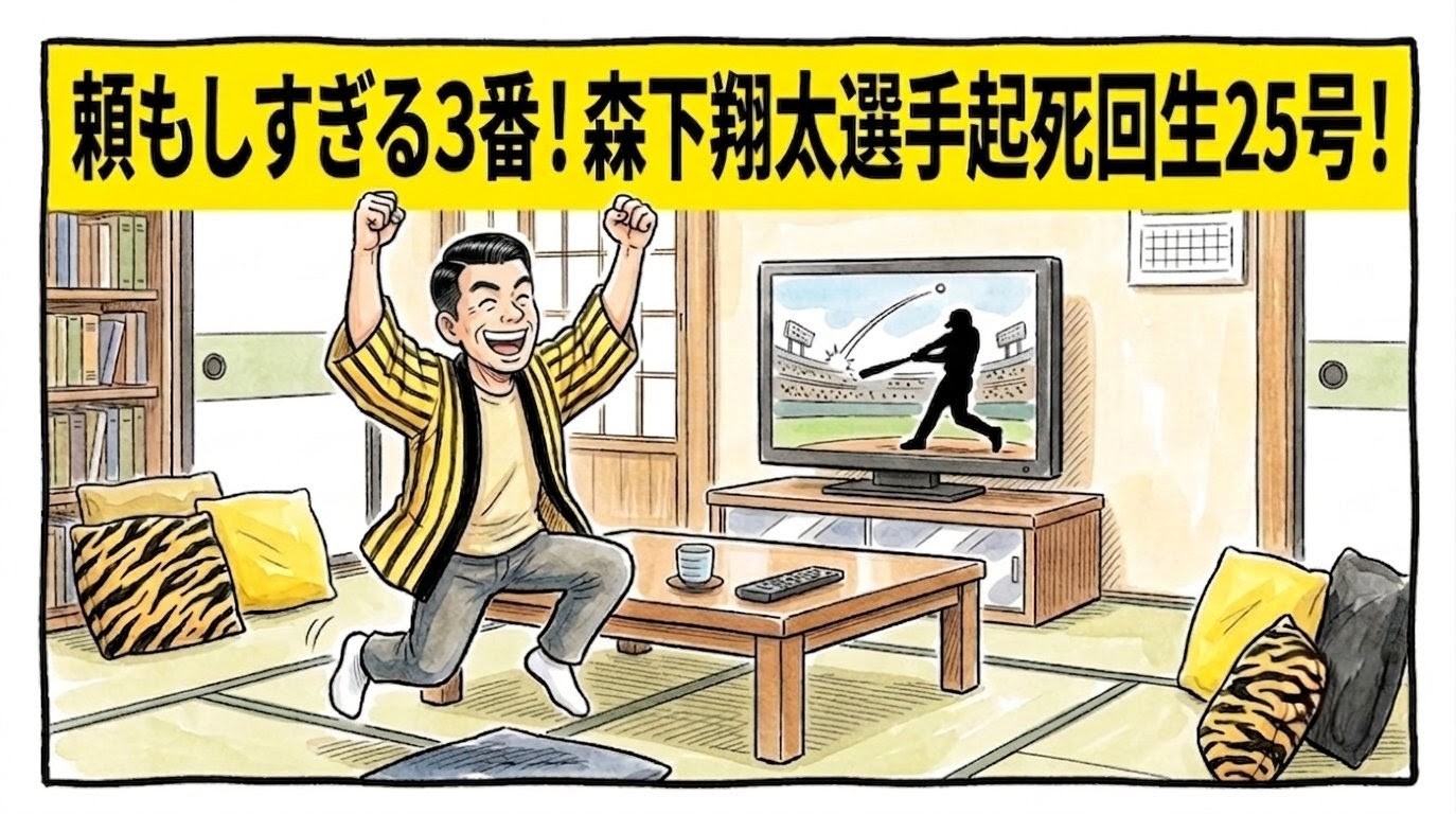 画面最上部に黄色の太いバナーで「頼もしすぎる３番！森下翔太選手起死回生25号！」と書かれた、万歳をして飛び跳ねるお父ちゃんの一コマ漫画風アイキャッチ画像。引きの構図。16:9。