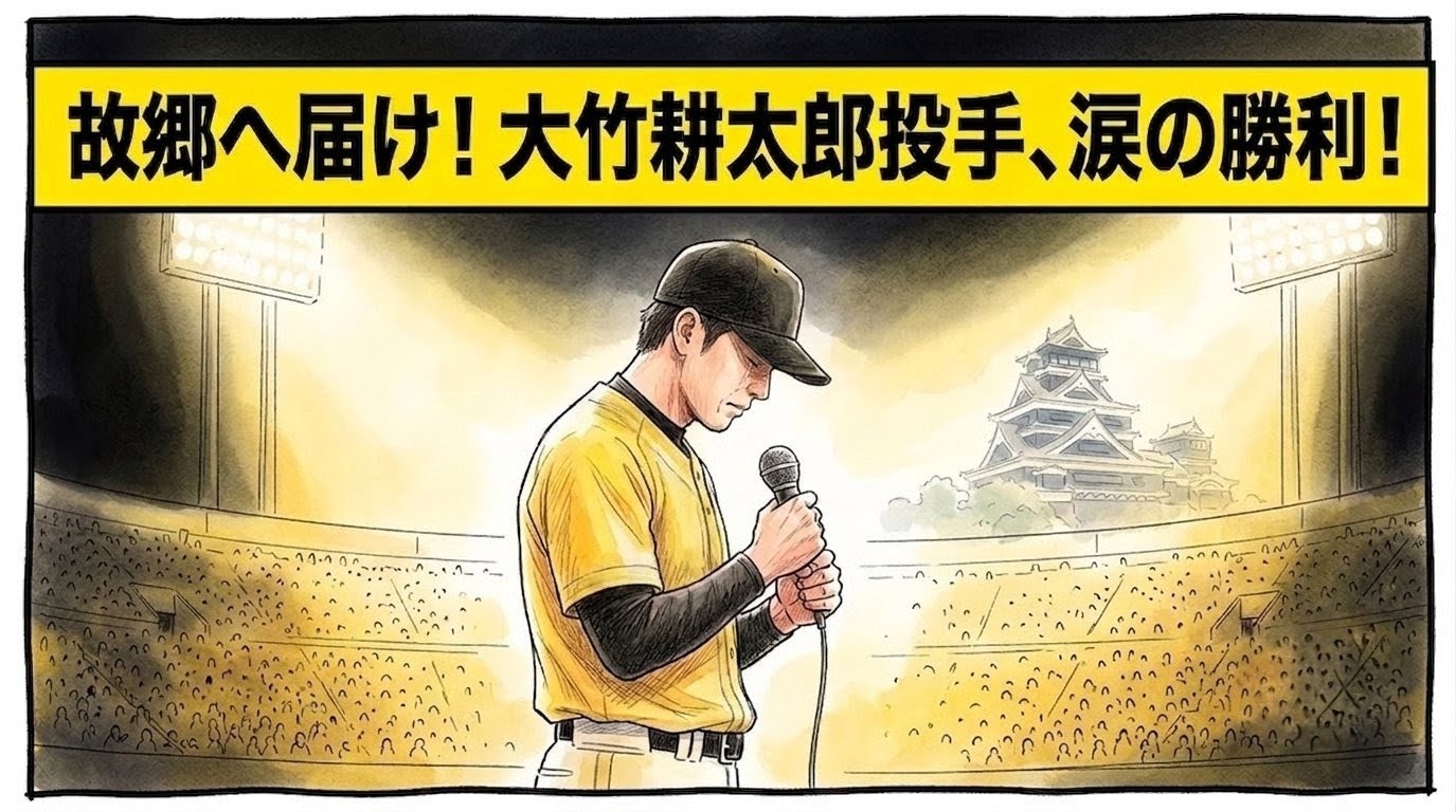 画面最上部に黄色の太いバナーで「故郷へ届け！大竹耕太郎投手、涙の勝利！」と大きく書かれた、お立ち台でマイクを握り涙をこらえてヒーローインタビューに臨む大竹耕太郎投手の姿を描いた一コマ漫画風アイキャッチ画像。背景には虎カラーと微かな城のシルエット。引きの構図。16:9。