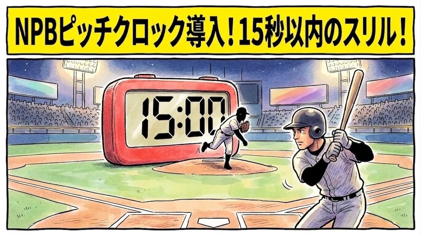 画面最上部に黄色の太いバナーで「NPBピッチクロック導入！15秒以内のスリル！」と大きく書かれた、マウンド上に巨大なキッチンタイマーがそびえ立ち、カウントダウンに焦る投手と打者の姿を描いたブラックジョーク風の一コマ漫画アイキャッチ画像。引きの構図。16:9。
