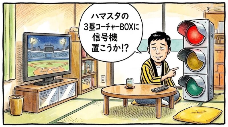 テレビで大山悠輔選手の痛恨の本塁憤死シーンを見ながら、ちゃぶ台の横に置いた大きな道路用信号機を指差し、「ハマスタの3塁コーチャーBOXに信号機置こうか！？」と呆れ気味につぶやくお父ちゃんの一コマ漫画。水彩と色鉛筆の手書き風イラスト。16:9。