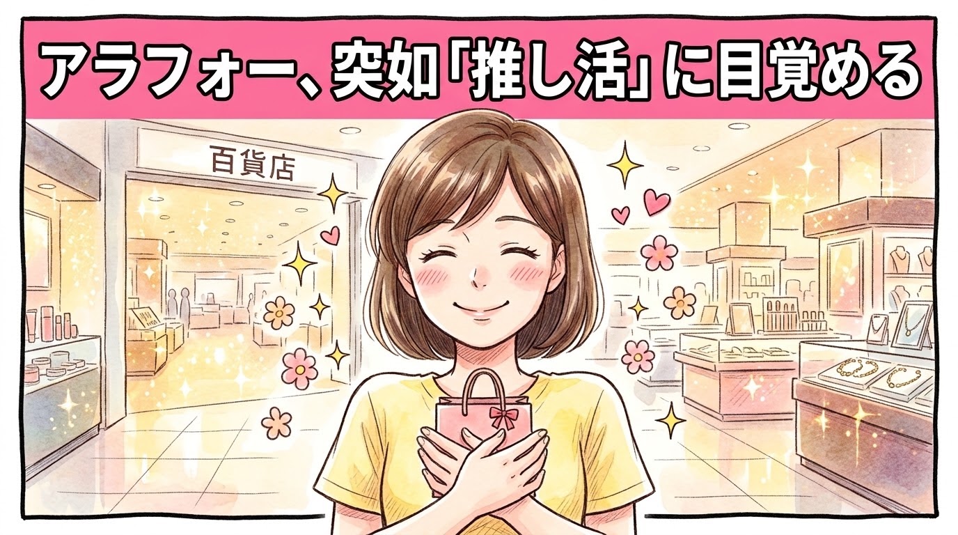 「アラフォー、突如『推し活』に目覚める」というピンク色のバナー帯が上部にある、手描き漫画風の水彩イラスト。デパート（百貨店）を背景に、小さなリボン付きの紙袋を両手で胸にギュッと抱きしめ、ホクホクとした至福の笑顔を浮かべる女性（母ちゃん）が描かれている。周囲にはキラキラした星やハート、お花のモチーフが飛んでいる。