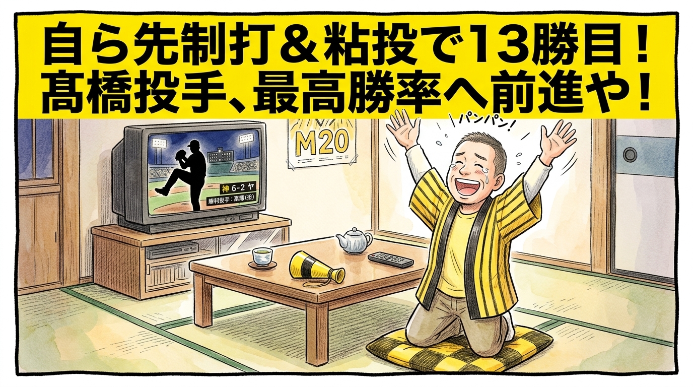 上部に鮮やかな黄色のバナーで「自ら先制打＆粘投で13勝目！髙橋投手、最高勝率へ前進や！」と太文字で書かれた一コマ漫画風アイキャッチ画像。夜の茶の間で、テレビ画面に映る力投する左腕投手のシルエットを見つめ、黄色と黒の法被を着たお父ちゃんが座布団の上で立ち上がり、満面の笑みで大きく拍手を送っている引きの構図。水彩と色鉛筆の手書きイラスト風で、不揃いで太い黒線のコマ枠で囲まれている。アスペクト比16:9。
