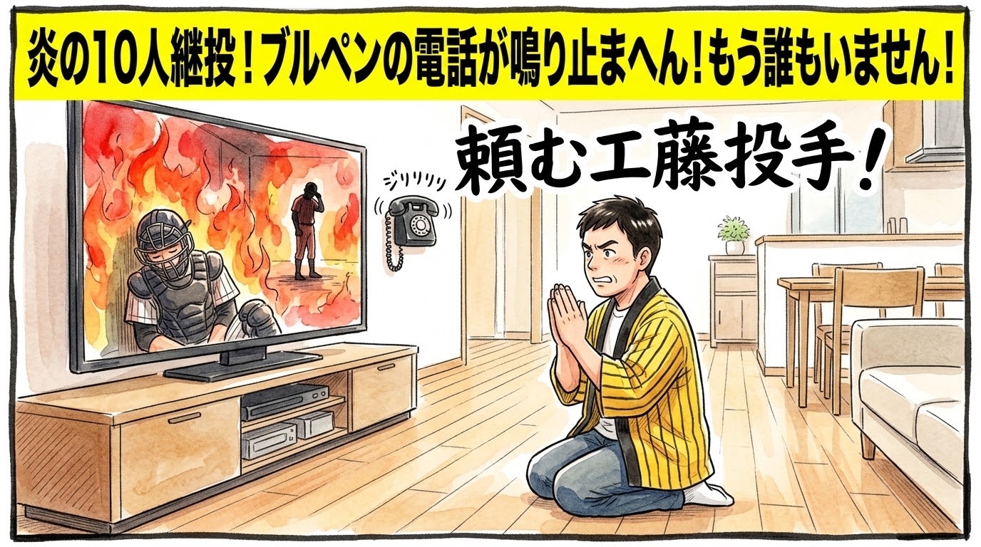 画面最上部の黄色い極太バナーに「炎の10人継投！ブルペンの電話が鳴り止まへん！もう誰もいません！」と大きく書かれた、明るいリビングで、テレビ画面に映る燃え盛るブルペンと最後の1人となった投手に向かって必死に手を合わせて祈る、黄色と黒の法被姿のお父ちゃんを描いた一コマ漫画アイキャッチ画像。引きの構図。16:9。