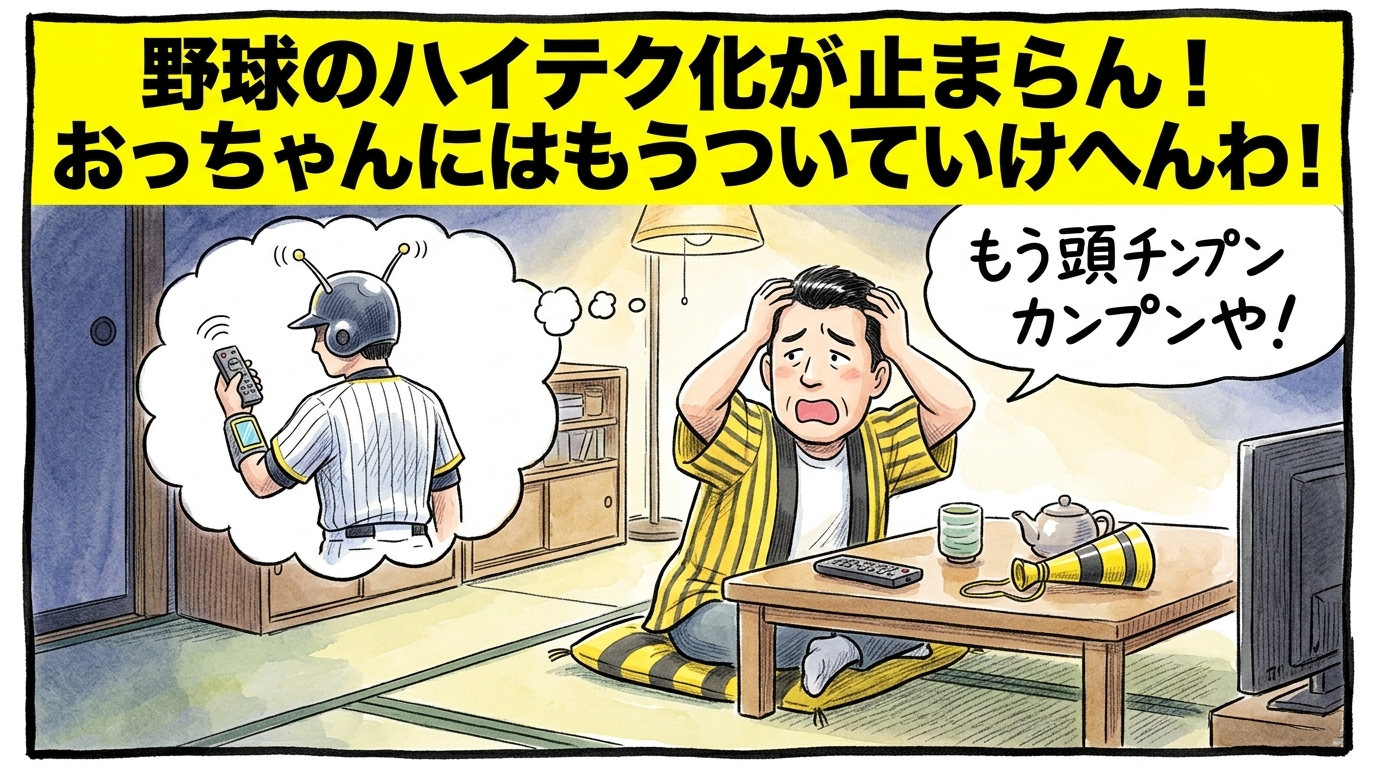 画面最上部の黄色い極太バナーに「野球のハイテク化が止まらん！おっちゃんにはもうついていけへんわ！」と大きく書かれた、茶の間で頭にアンテナ付きヘルメットや腕にリモコンを装着したサイボーグ風の選手を思い浮かべ、両手で頭を押さえて困惑する黄色と黒の法被姿のお父ちゃんを描いた一コマ漫画アイキャッチ画像。引きの構図。16:9。