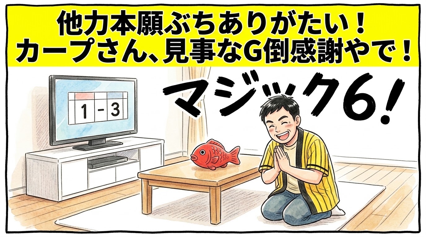 画面最上部の黄色い極太バナーに「他力本願ぶちありがたい！カープさん、見事なG倒感謝やで！」と大きく書かれた、明るいリビングでテレビのスポーツニュースを見ながら、テーブルの上の赤いクッションに向かって満面の笑みで拝んでいる黄色と黒の法被姿のお父ちゃんを描いた一コマ漫画アイキャッチ画像。引きの構図。16:9。