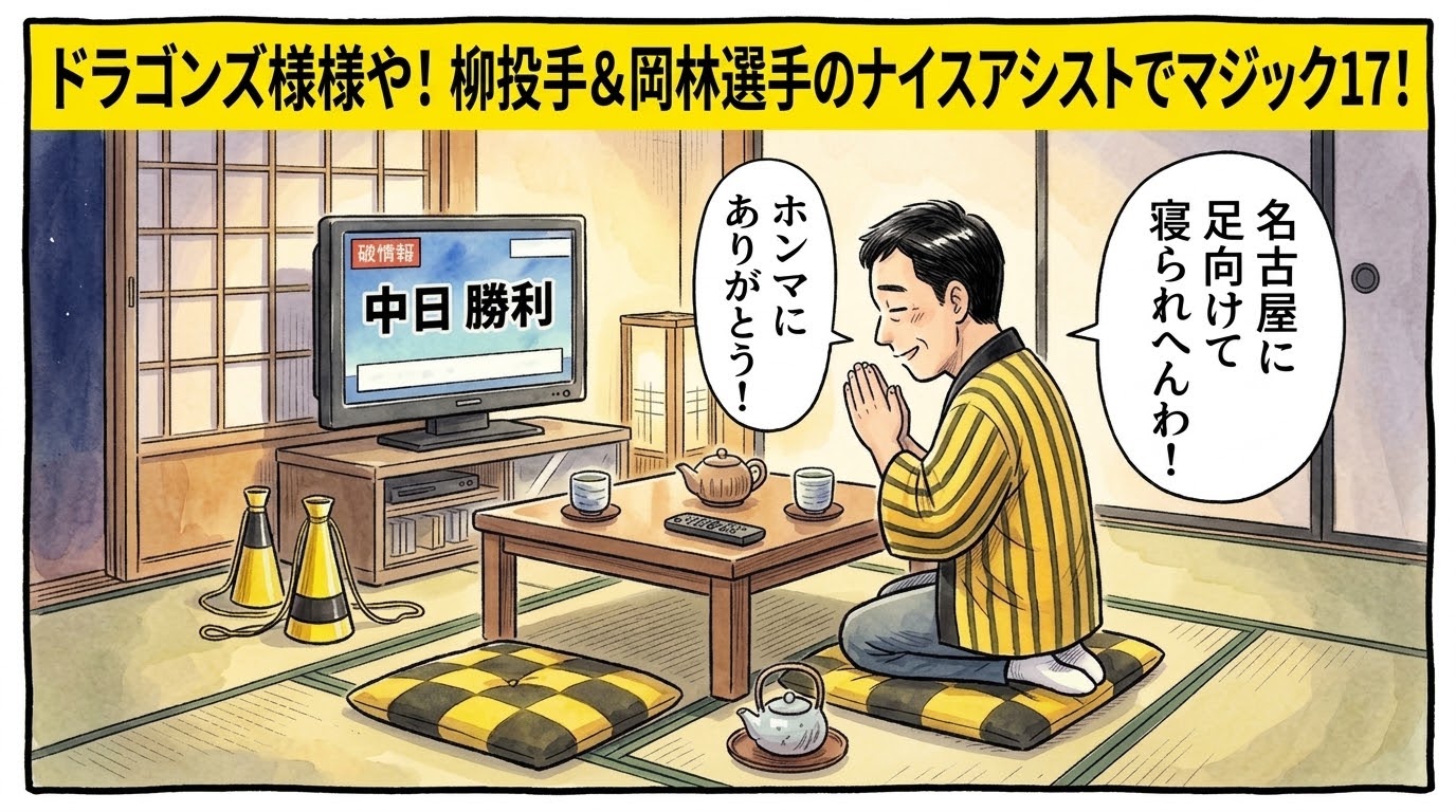 画面最上部の黄色い極太バナーに「ドラゴンズ様様や！柳投手＆岡林選手のナイスアシストでマジック17！」と大きく書かれた、夜の茶の間でテレビに映る「中日勝利」の速報を前に、名古屋の方角へ向かって両手を合わせて深く拝んでいる黄色と黒の法被姿のお父ちゃんを描いた一コマ漫画アイキャッチ画像。引きの構図。16:9。