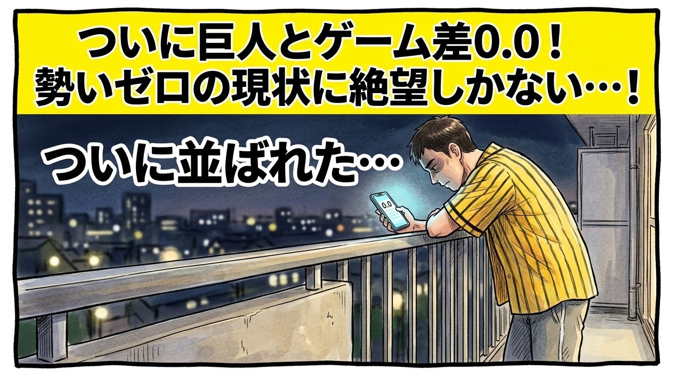 画面最上部の黄色い極太バナーに「ついに巨人とゲーム差0.0！勢いゼロの現状に絶望しかない…！」と大きく書かれた、夜のベランダで手すりにもたれかかり、スマホの順位表を見つめて深く項垂れる黄色と黒の法被姿のお父ちゃんを描いた一コマ漫画アイキャッチ画像。ミディアムショットの構図。16:9。
