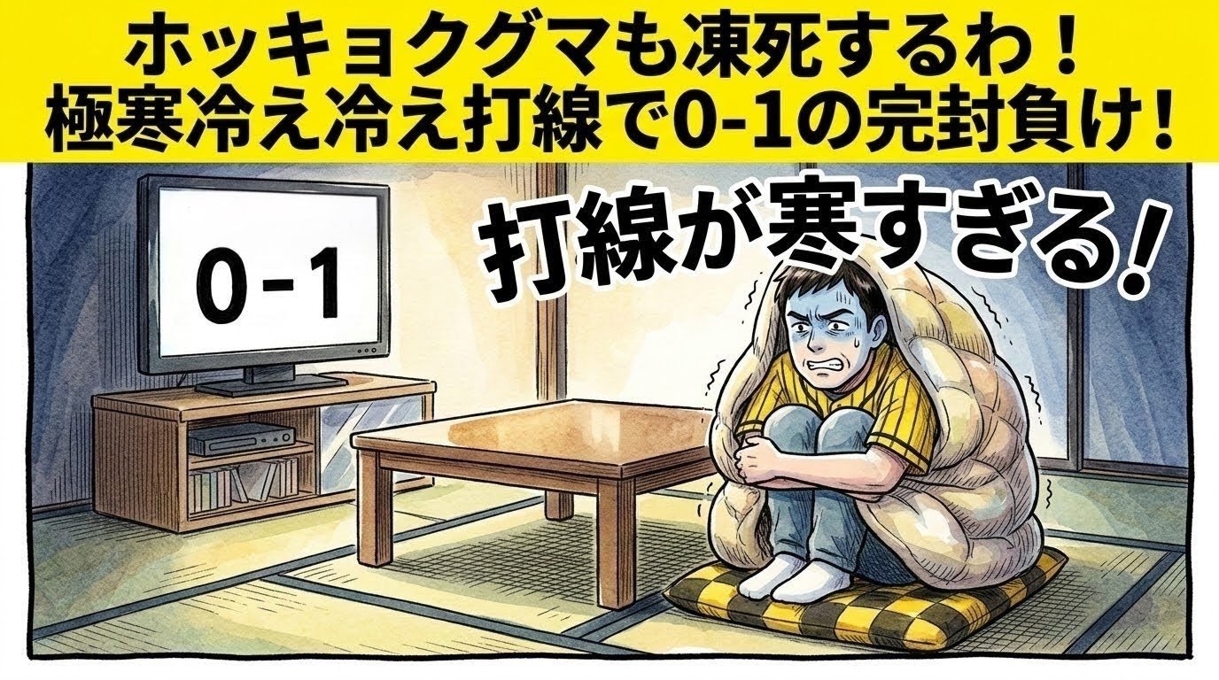 画面最上部の黄色い極太バナーに「ホッキョクグマも凍死するわ！極寒冷え冷え打線で0-1の完封負け！」と大きく書かれた、夜の茶の間で分厚い毛布にミノムシのようにくるまりながら、テレビ画面に映る完封負けのスコア「0-1」を見つめてガタガタ震える黄色と黒の法被姿のお父ちゃんを描いた一コマ漫画アイキャッチ画像。引きの構図。16:9。
