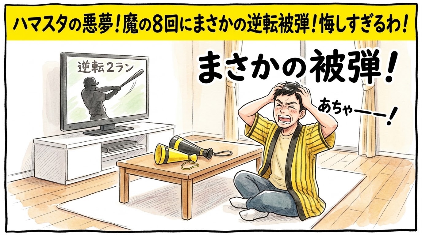 画面最上部の黄色い極太バナーに「ハマスタの悪夢！魔の8回にまさかの逆転被弾！悔しすぎるわ！」と大きく書かれた、明るいリビングでテレビ画面に映る逆転2ランホームランのシルエットに向かって、頭を両手で抱えて「あちゃーーー！」と絶叫する黄色と黒の法被姿のお父ちゃんを描いた一コマ漫画アイキャッチ画像。引きの構図。16:9。