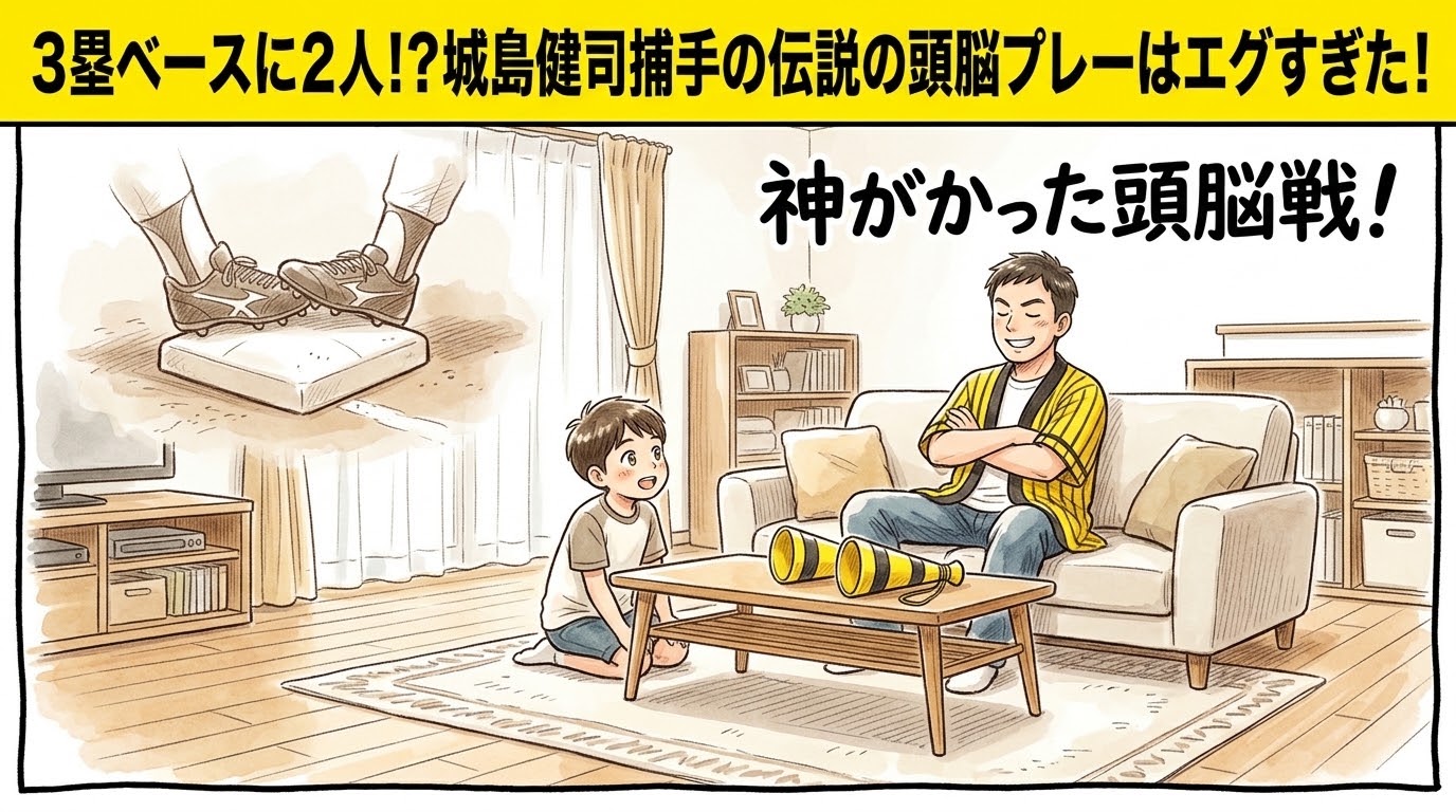 画面最上部の黄色い極太バナーに「3塁ベースに2人！？城島健司捕手の伝説の頭脳プレーはエグすぎた！」と大きく書かれた、明るいリビングで腕を組んで目を閉じ、かつての城島健司捕手の伝説の頭脳プレーをニヤリと誇らしげに語る黄色と黒の法被姿のお父ちゃんと、その話を目を輝かせて夢中で聞く次男を描いた一コマ漫画アイキャッチ画像。引きの構図。16:9。