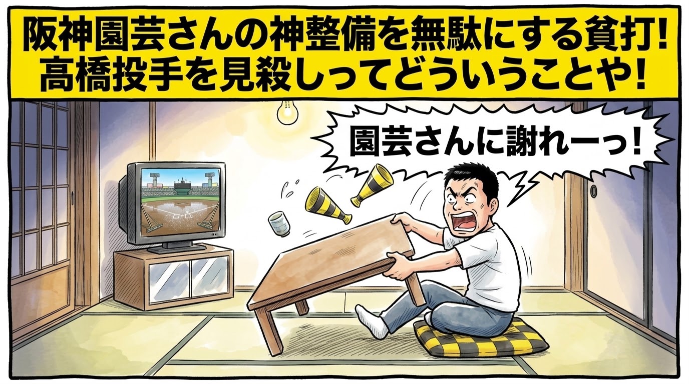 画面最上部の黄色い極太バナーに「阪神園芸さんの神整備を無駄にする貧打！髙橋投手を見殺しってどういうことや！」と大きく書かれた、夜の茶の間で、テレビに映る美しく整備されたグラウンドで力投する髙橋遥人投手のシルエットを見ながら、ちゃぶ台をひっくり返しそうになり激怒する黄色と黒の法被姿のお父ちゃんを描いた一コマ漫画アイキャッチ画像。引きの構図。16:9。