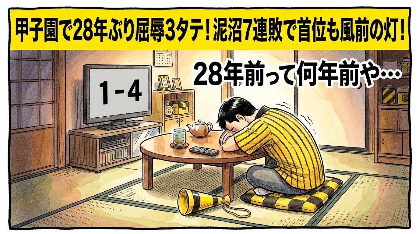 画面最上部の黄色い極太バナーに「甲子園で28年ぶり屈辱3タテ！泥沼7連敗で首位も風前の灯！」と大きく書かれた、夜の和室でちゃぶ台に突っ伏し、黄色と黒のメガホンを力なく握りしめながら絶望して震える法被姿のお父ちゃんを描いた一コマ漫画アイキャッチ画像。引きの構図。16:9。