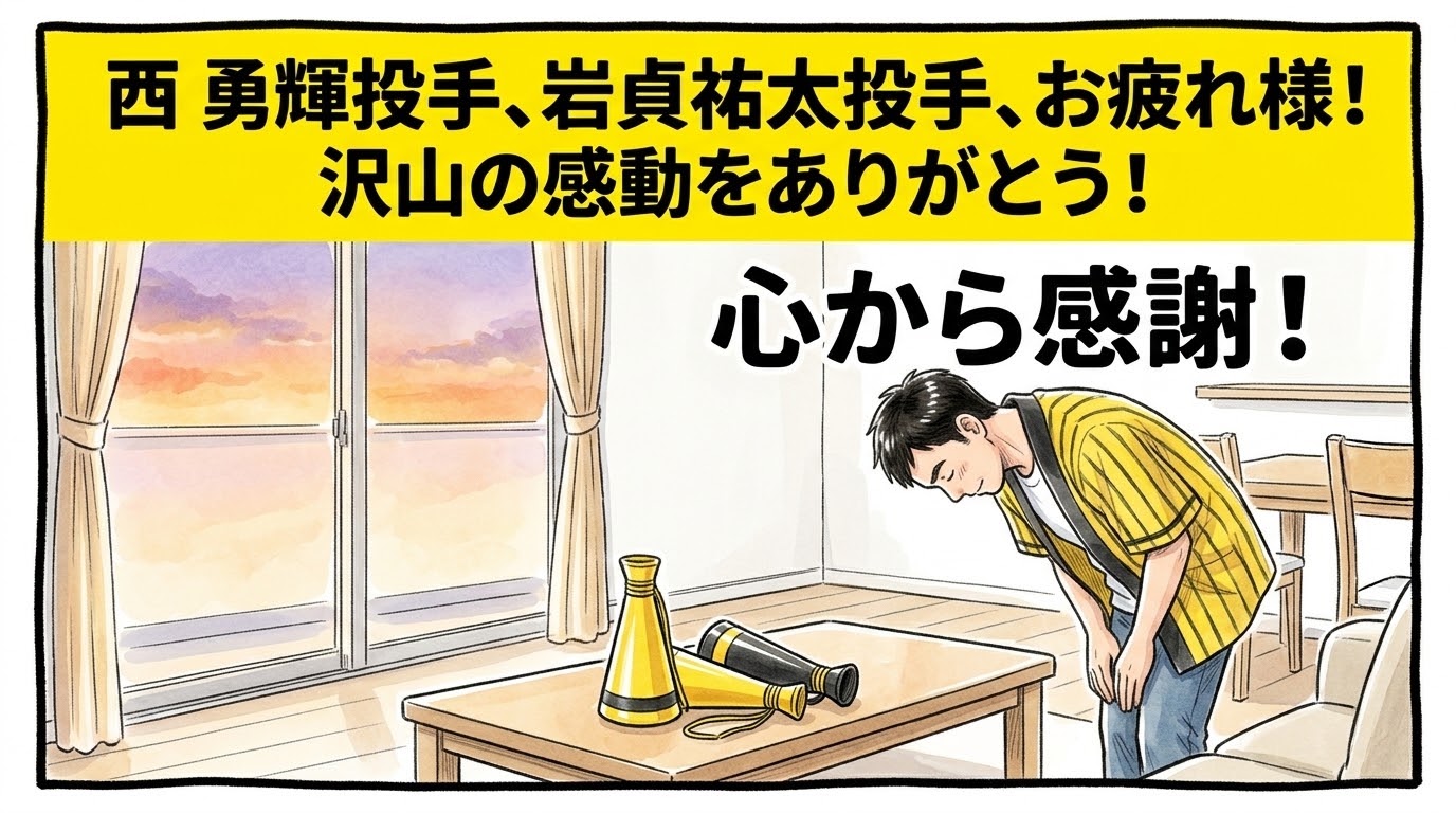 画面最上部の黄色い極太バナーに「西勇輝投手、岩貞祐太投手、お疲れ様！沢山の感動をありがとう！」と大きく書かれた、秋の柔らかな夕日が差し込むリビングの窓辺で、これまでの両投手の活躍と名場面に深く感謝して深々と頭を下げる黄色と黒の法被姿のお父ちゃんを描いた一コマ漫画アイキャッチ画像。引きの構図。16:9。