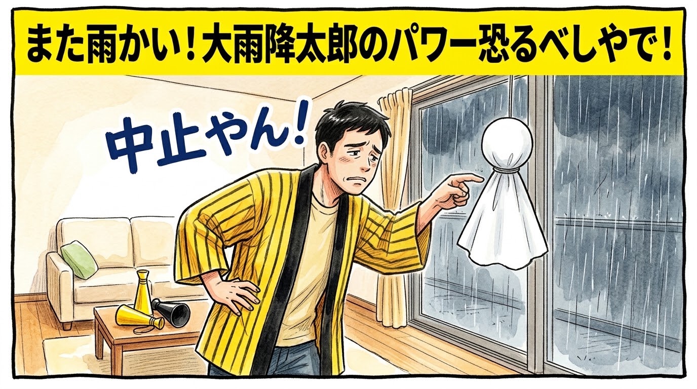 画面最上部の鮮やかな黄色い極太バナーに「また雨かい！大雨降太郎のパワー恐るべしやで！」と大きく書かれた、明るいリビングで窓の外の土砂降りの雨を見つめながら、窓枠に吊るされた大きなてるてる坊主を恨めしそうに指差してツッコミを入れる黄色と黒の法被姿のお父ちゃんを描いた一コマ漫画アイキャッチ画像。引きの構図。16:9。