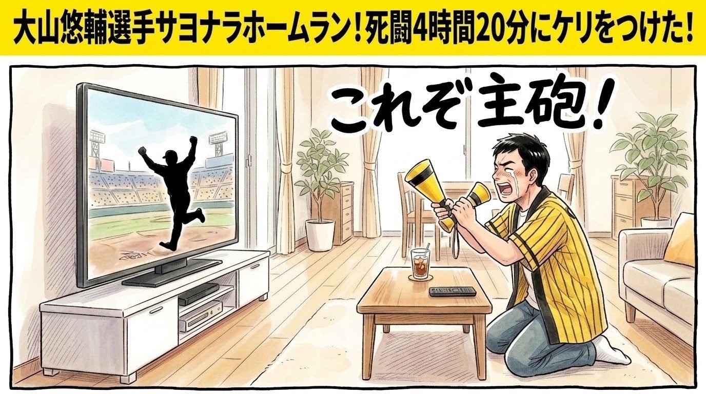「大山悠輔選手サヨナラホームラン！死闘4時間20分にケリをつけた！」と大きく書かれた、明るいリビングでテレビに映る大山悠輔選手の確信歩きのシルエットに向かって、黄色と黒のメガホンを掲げながら男泣きして歓喜する法被姿のお父ちゃんを描いた一コマ漫画アイキャッチ画像。引きの構図。16:9。