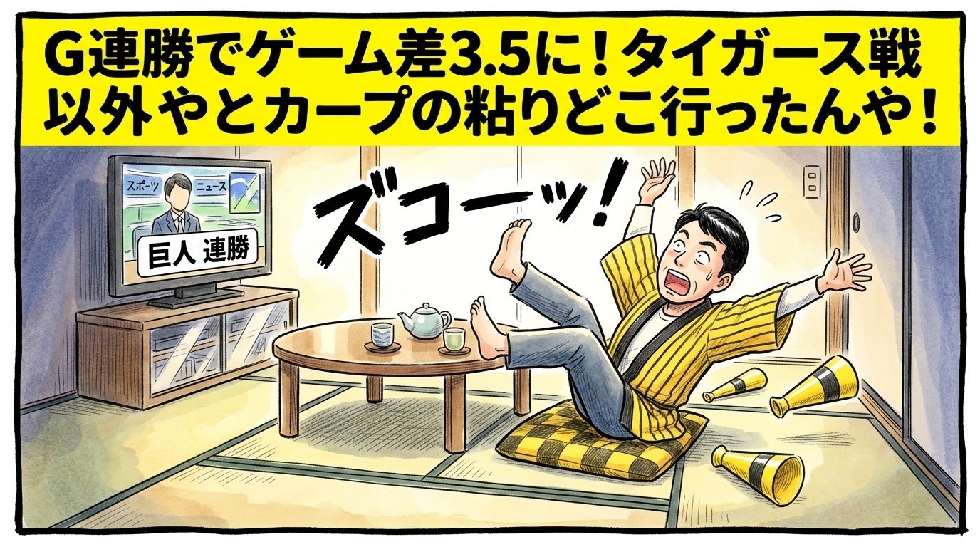 画面最上部の黄色い極太バナーに「Ｇ連勝でゲーム差3.5に！タイガース戦以外やとカープの粘りどこ行ったんや！」と大きく書かれた、夜の茶の間でテレビから流れる他球場の試合結果ニュースを聞いて、座布団から派手に後ろへひっくり返ってズッコケている黄色と黒の法被姿のお父ちゃんを描いた一コマ漫画アイキャッチ画像。引きの構図。16:9。
