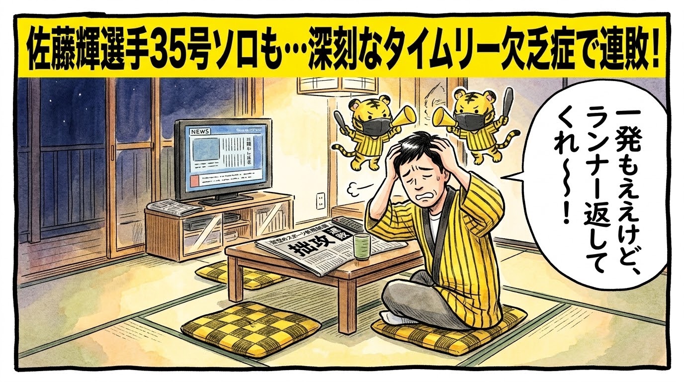 画面最上部の黄色い極太バナーに「佐藤輝選手35号ソロも…深刻なタイムリー欠乏症で連敗！」と大きく書かれた、夜の茶の間でちゃぶ台の上の「拙攻」と書かれたスポーツ新聞を見つめて頭を抱える黄色と黒の法被姿のお父ちゃんと、その頭上で黄色と黒のメガホンを持ち豪快な空振りを繰り返す顔を覆った小さなトラたちのコミカルな姿を描いた一コマ漫画アイキャッチ画像。引きの構図。16:9。