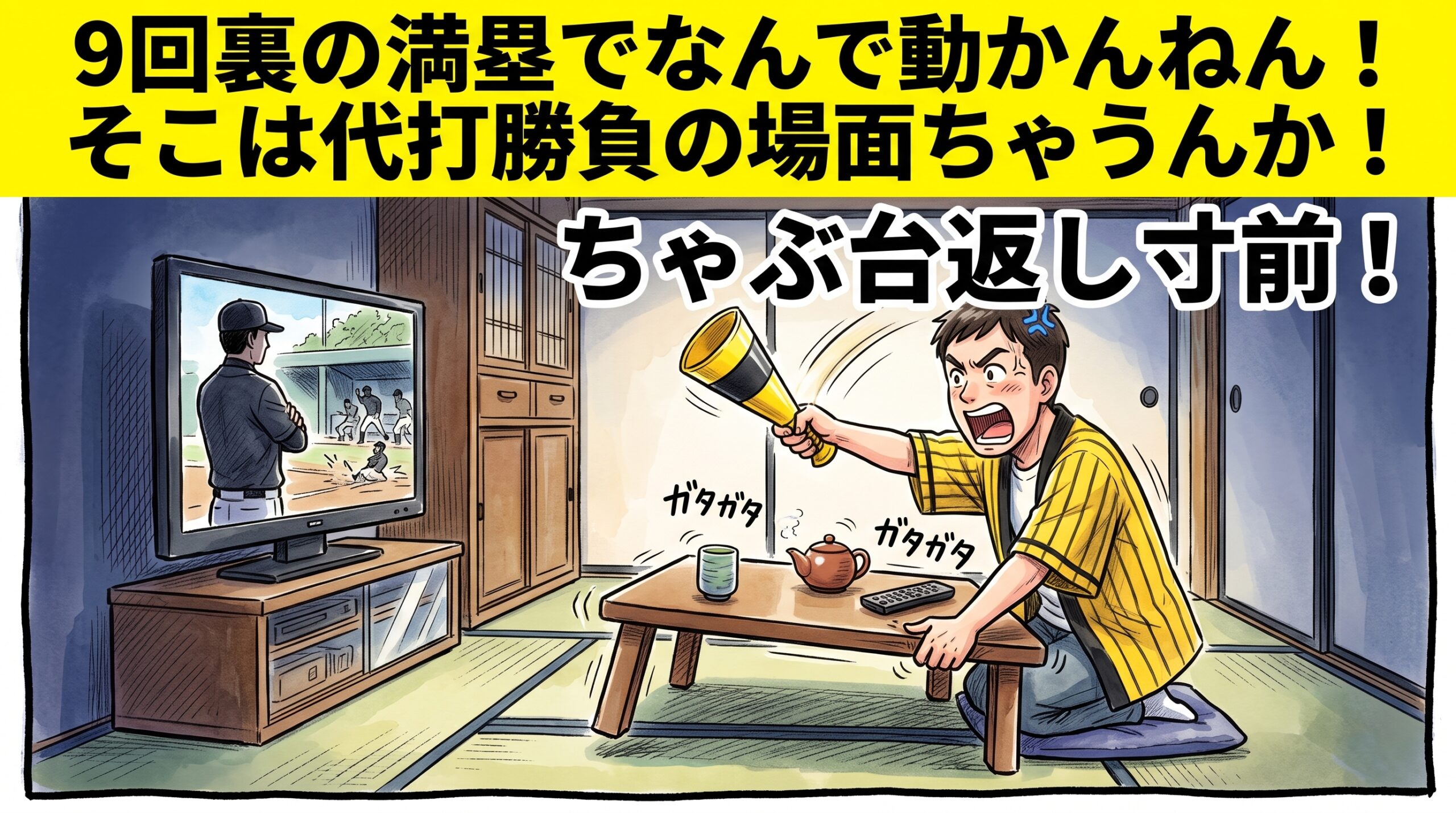 画面最上部の黄色い極太バナーに「9回裏の満塁でなんで動かんねん！そこは代打勝負の場面ちゃうんか！」と大きく書かれた、夜の茶の間で、ちゃぶ台をひっくり返しそうになるのを必死に堪えつつ、テレビ画面に向かってメガホンを激しく振り回して怒り狂う黄色と黒の法被姿のお父ちゃんを描いた一コマ漫画アイキャッチ画像。引きの構図。16:9。