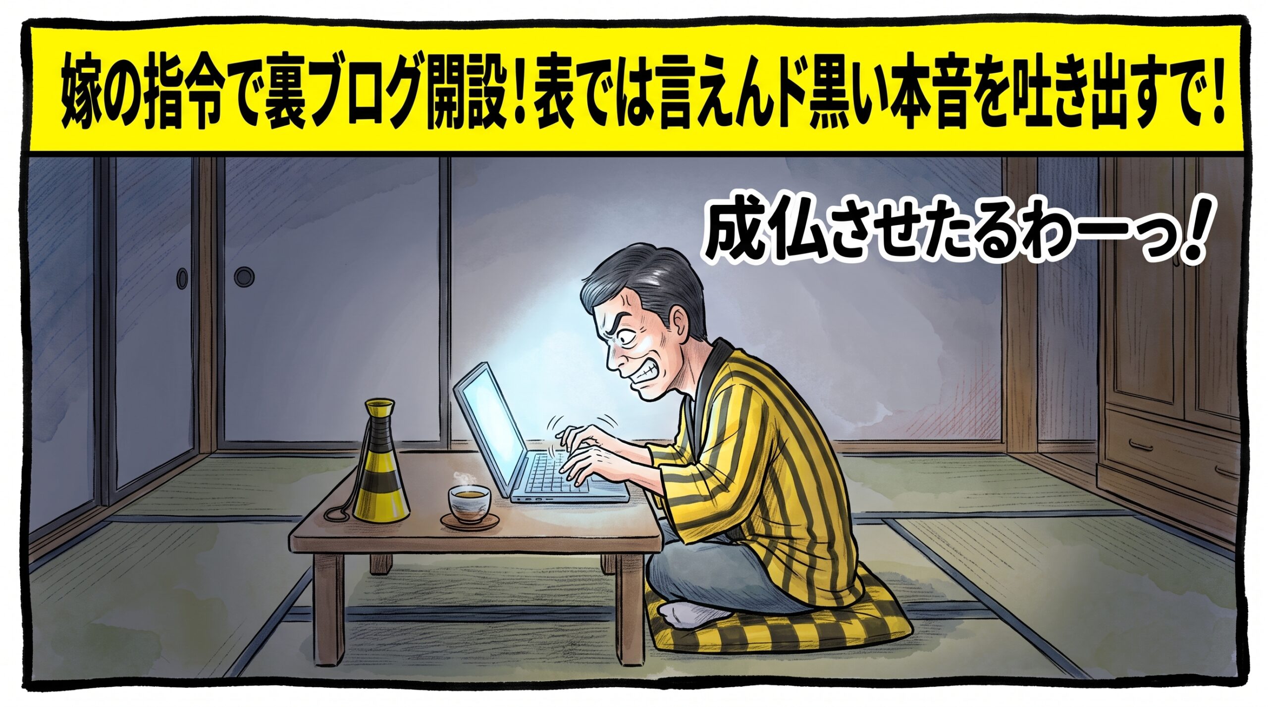 画面最上部の黄色い極太バナーに「嫁の指令で裏ブログ開設！表では言えんド黒い本音を吐き出すで！」と大きく書かれた、薄暗い和室のちゃぶ台で青白いノートPCの光に照らされながら、鬼気迫る形相で猛烈にキーボードを叩き込む黄色と黒の法被姿のお父ちゃんを描いた一コマ漫画アイキャッチ画像。引きの構図。16:9。