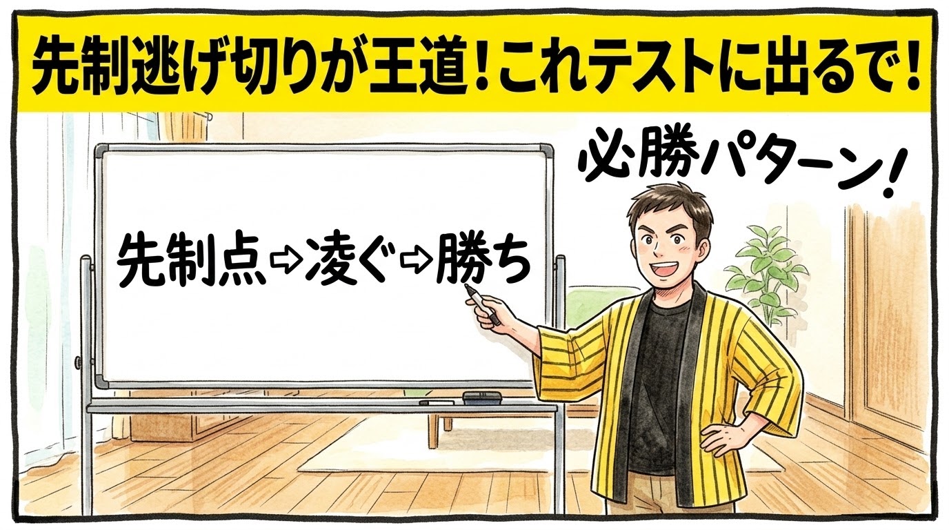 画面最上部の黄色い極太バナーに「先制逃げ切りが王道！これテストに出るで！」と大きく書かれた、リビングでホワイトボードに「先制点 ➡ 凌ぐ ➡ 勝ち」という図式を書き、予備校講師のように自信満々のドヤ顔でタイガースの必勝法を解説している黄色と黒の法被姿のお父ちゃんを描いた一コマ漫画アイキャッチ画像。引きの構図。16:9。