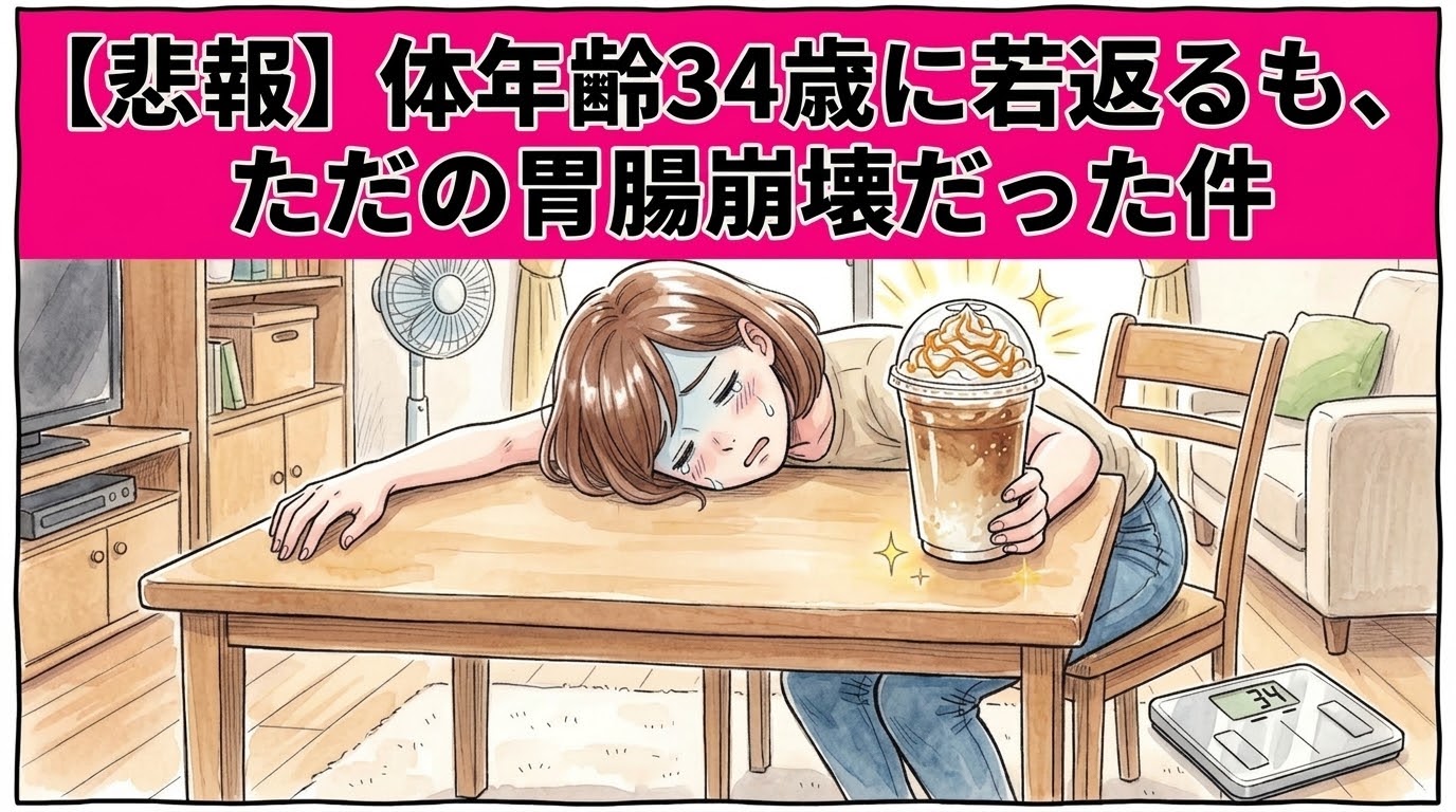 「【悲報】体年齢34歳に若返るも、ただの胃腸崩壊だった件」という見出しの下で、疲労困憊でテーブルに突っ伏しながらもフラペチーノを握りしめている女性と、足元に置かれた「34」と表示された体重計のイラスト