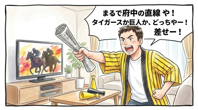 明るいリビングで、丸めたスポーツ新聞を競馬のムチのように握りしめて前へ突き出し、「まるで府中の直線や！タイガースか巨人か、どっちやー！差せー！」と実況アナウンサーさながらの熱狂で叫ぶ黄色と黒の法被姿のお父ちゃんを描いた一コマ漫画。ミディアムショットの構図。16:9。