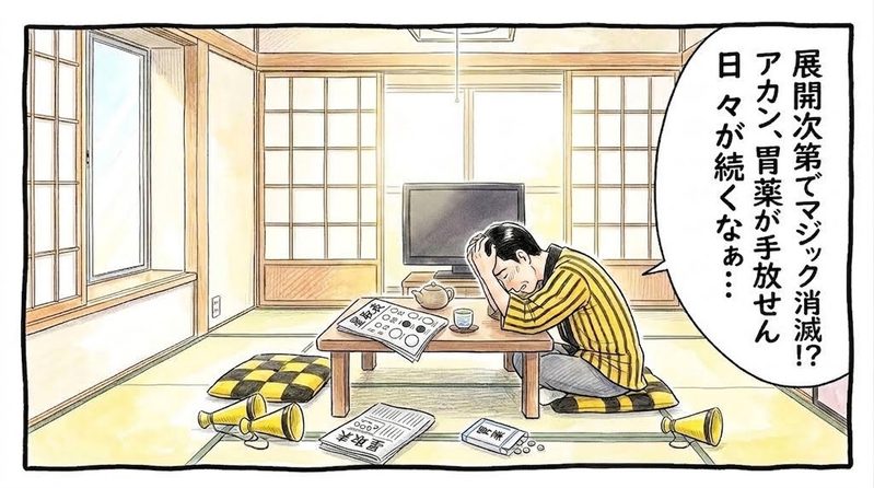昼間の明るいリビングで、ちゃぶ台の上に広げた星取表を見ながら、両手で頭を抱えて机に突っ伏し「展開次第でマジック消滅!?アカン、胃薬が手放せん日々が続くなぁ…」と嘆く黄色と黒の法被姿のお父ちゃんを描いた一コマ漫画。水彩と色鉛筆の手書き風イラスト。16:9。